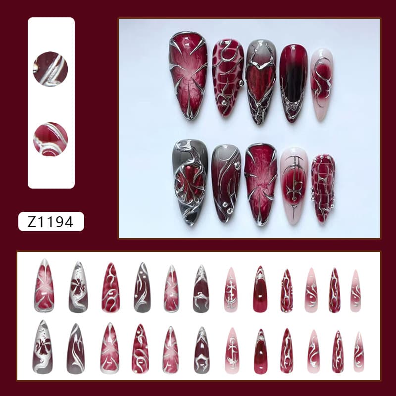 Burgundy Silver Marble Classic Press-On Nails by Winails