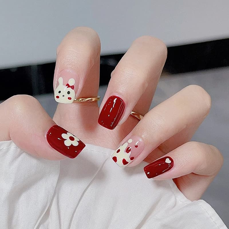 Burgundy Bow French Press-On Nails by Winails
